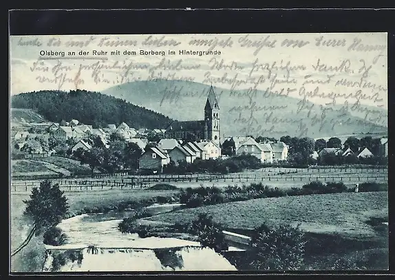 AK Olsberg /Ruhr, Ortsansicht mit Fluss und Borberg