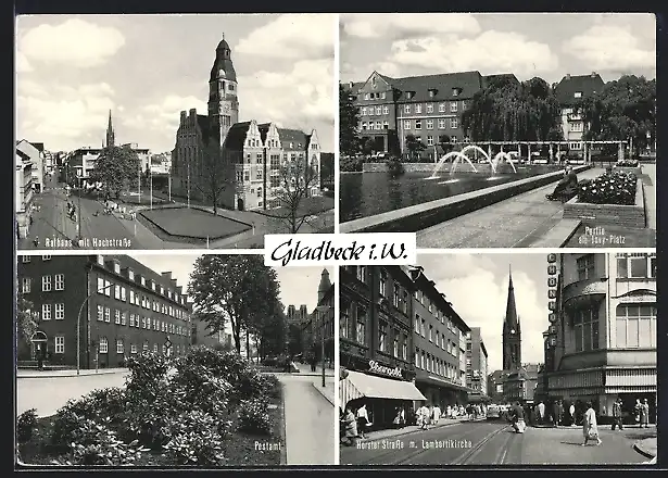 AK Gladbeck, Rathaus mit Hochstrasse, Postamt, Partie am Jovy-Platz