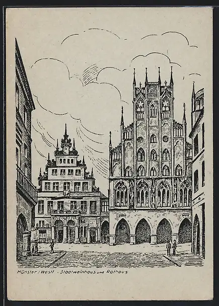 Künstler-AK Münster /Westf., Stadtweinhaus und Rathaus