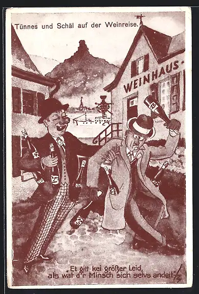 Künstler-AK Bad Godesberg, Tünnes und Schäl auf der Weinreise am Gasthaus