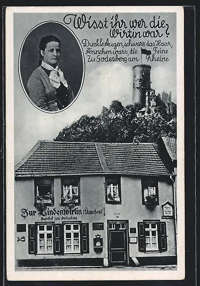 AK Godesberg am Rhein, Gasthaus Zur Lindenwirtin, Wirtin Ännchen, Burgruine, Porträt