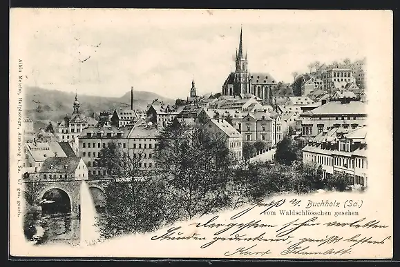 AK Buchholz / Sa., Teilansicht mit Kirche vom Waldschlösschen gesehen