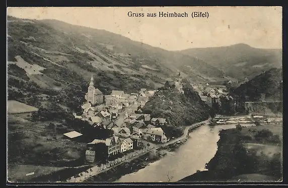 AK Heimbach / Eifel, Ortsansicht, Panorama von oben aus