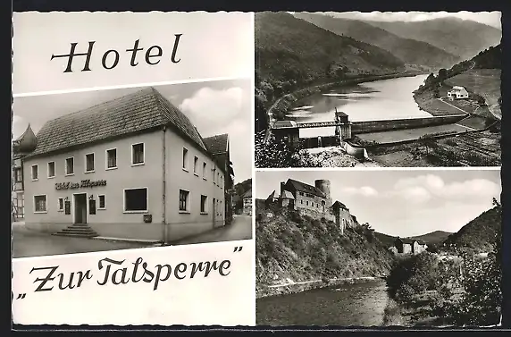 AK Heimbach /Eifel, Hotel Zur Talsperre, Burg, Panorama