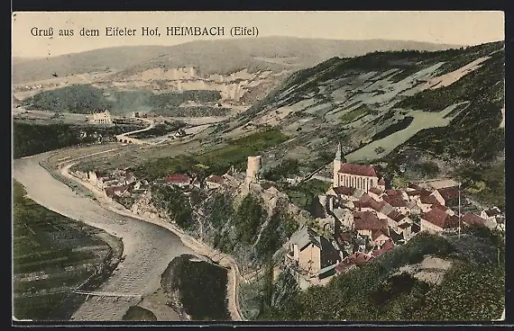 AK Heimbach /Eifel, Gesamtansicht der Ortschaft am Fluss aus der Vogelschau