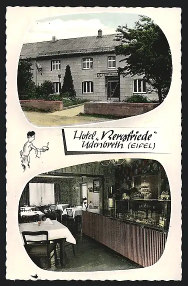 AK Udenbreth /Eifel, Hotel Bergfriede, mit Innenansicht