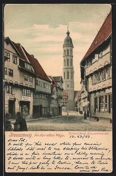 AK Braunschweig, An der alten Wage, Strassenpartie mit Turm