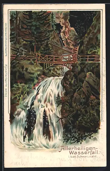 Lithographie Allerheiligen / Schwarzwald, Wasserfall mit Brücke