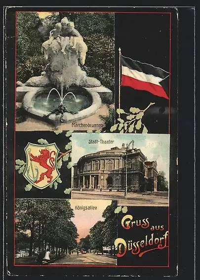 AK Düsseldorf, Königsallee, Märchenbrunnen, Stadt-Theater, Fahne, Wappen