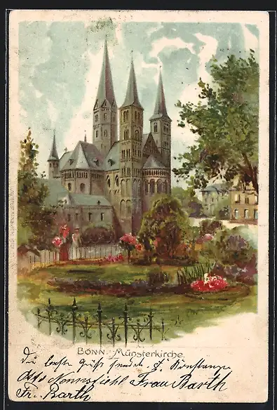 Lithographie Bonn, Parkpartie an der Münsterkirche