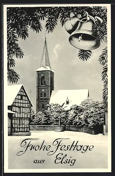 AK Elsig, Kirche im Winter, Frohe Festtage