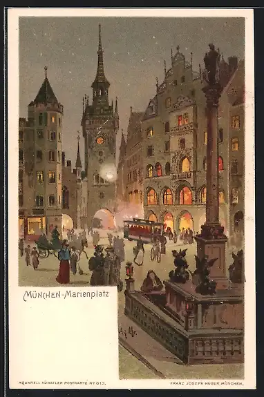 Lithographie München, Marienplatz bei Abend, Strassenbahn