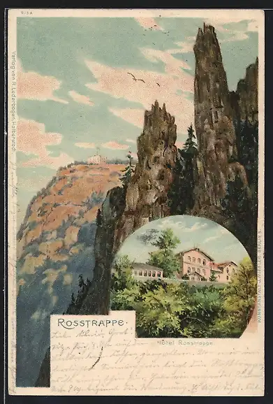 Lithographie Thale, Hotel Rosstrappe und Hexentanzplatz