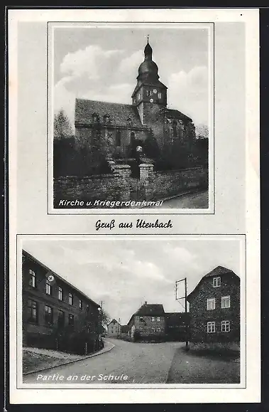 AK Utenbach / Apolda, Kirche und Kriegerdenkmal, Schule