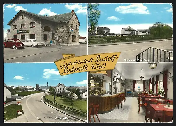 AK Roderath /Eifel, Gastwirtschaft J. Rudolf, Ortspartie, VW-Käfer