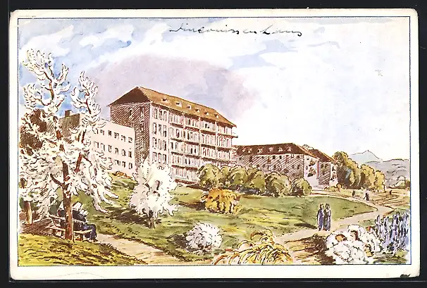Künstler-AK Karlsruhe-Rüppurr, Ev. Diakonissenanstalt, Neubau, Anlasskarte Einweihung 1933