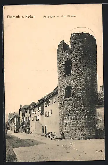 AK Eberbach / Neckar, Strasse am Rosenturm m. alten Häusern