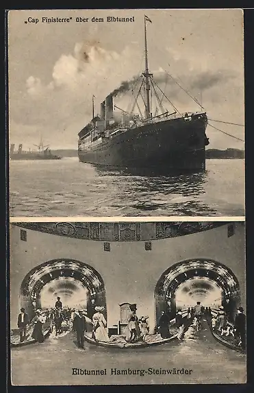 AK Hamburg-St. Pauli, Elbtunnel, Passagierschiff Cap Finisterre über dem Elbtunnel