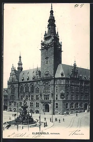 AK Elberfeld, Rathaus mit Brunnen aus der Vogelschau