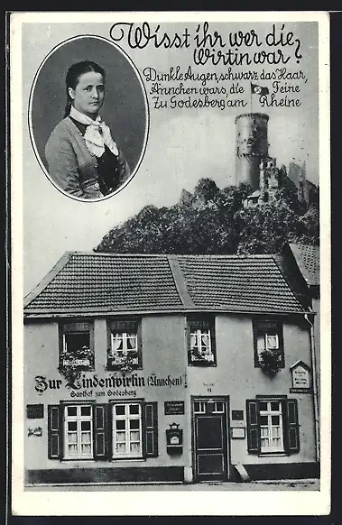 AK Godesberg /Rh., Gasthaus zur Lindenwirtin und Burg, Portrait Ännchen, 