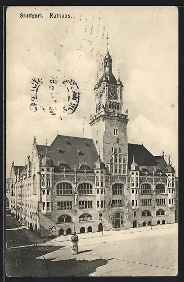 AK Stuttgart, Rathaus mit Strasse, Litfasssäule