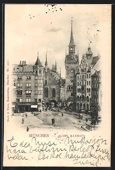 AK München, Altes Rathaus mit Strasse