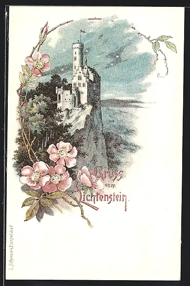 Lithographie Lichtenstein, Schloss Lichtenstein bei Nacht