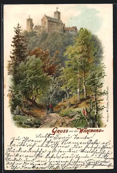 Lithographie Wartburg, Wanderer im Wald mit Blick zur Burg