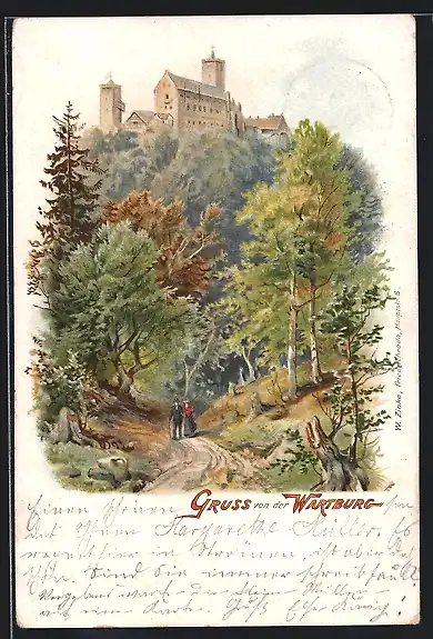 Lithographie Eisenach, Waldpartie mit Blick zur Wartburg