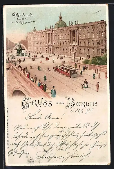 Lithographie Berlin, Königl. Schloss mit Schlossbrunnen