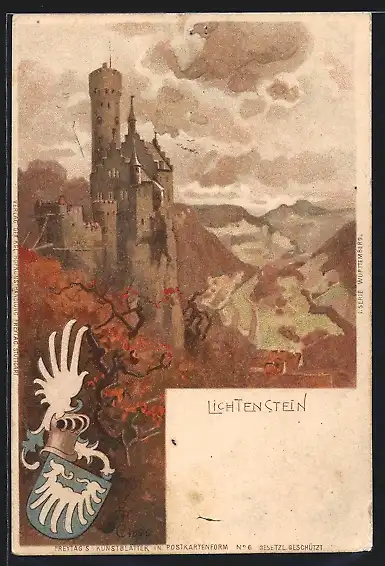 Lithographie Lichtenstein, Burg, Wappen