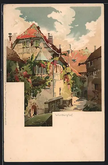 Lithographie Eisenach, Wegpartie zum Wartburghof