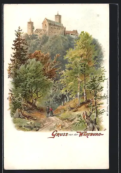 Lithographie Eisenach, Paar vor der Wartburg