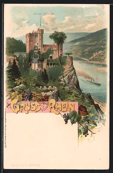 Lithographie Trechtingshausen, Schloss Rheinstein mit Aussicht auf den Rhein