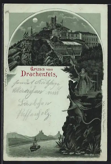 Mondschein-Lithographie Königswinter, Burg Drachenfels