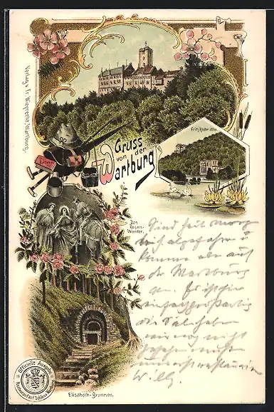 Lithographie Eisenach, Wartburg mit Rosenwunder und Fritz-Reuter-Villa