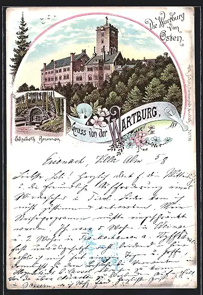 Lithographie Eisenbach, Die Wartburg von Osten, Elisabeth-Brunnen