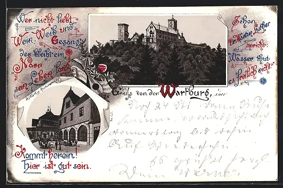 Lithographie Eisenach, Blick auf Wartburg, Wartburg-Restauration