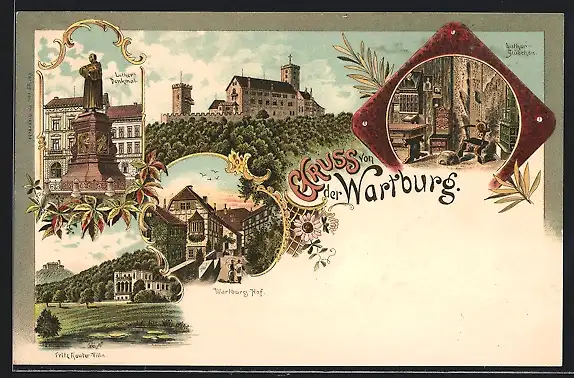 Lithographie Totalansicht der Wartburg, Wartburg-Hof und Lutherstübchen