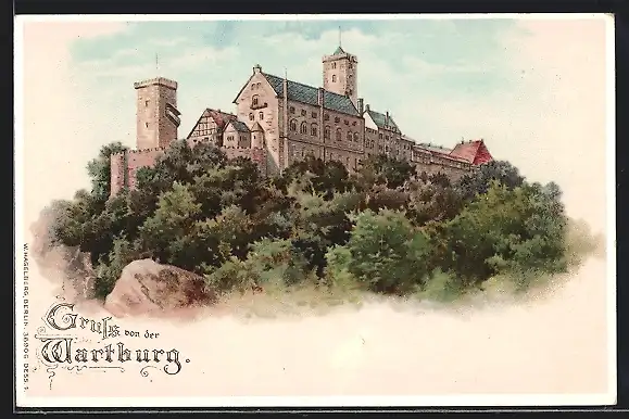 Lithographie Wartburg, Anblick des Schlosses, helle Fenster