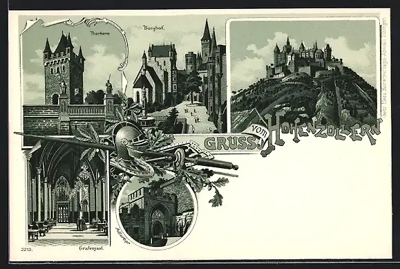 Lithographie Hohenzollern, Burg Hohenzollern, Inneres Grafensaal, Burghof