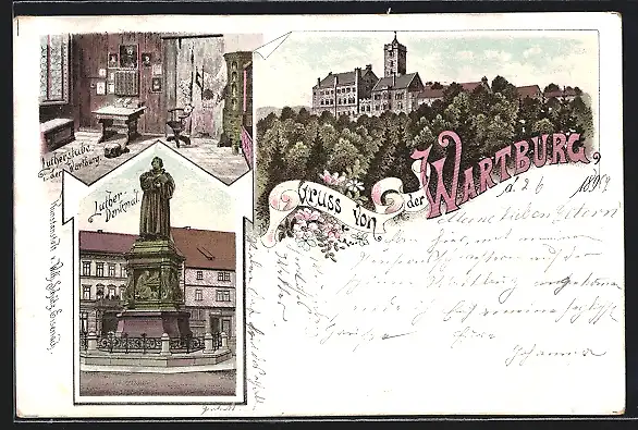 Lithographie Eisenach, Blick auf Wartburg, Lutherstube, Luther-Denkmal