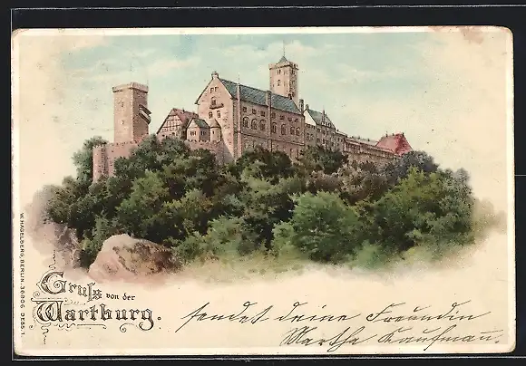Lithographie Wartburg, Anblick des Schlosses, helle Fenster