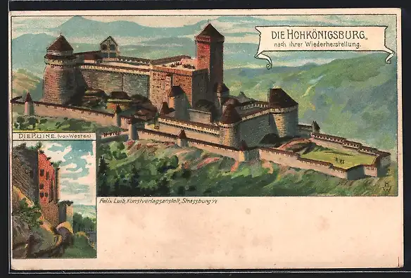 Lithographie Die Hohkönigsburg nach ihrer Wiederherstellung, Die Ruine von Westen