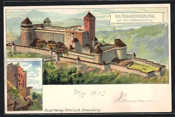 Lithographie Die Hohkönigsburg nach ihrer Wiederherstellung, Die Ruine von Westen