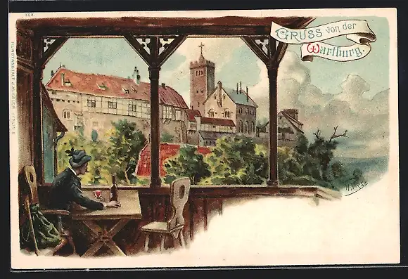 Lithographie Eisenach, Blick auf die Wartburg vom Gasthaus aus