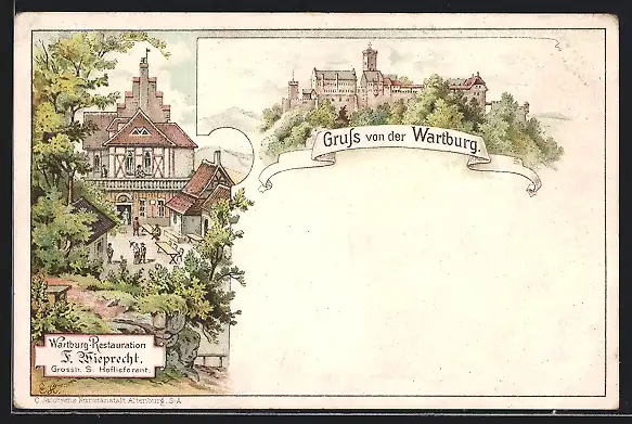 Lithographie Eisenach, Wartburg-Restaurant von F. Wieprecht, Ansicht der Wartburg