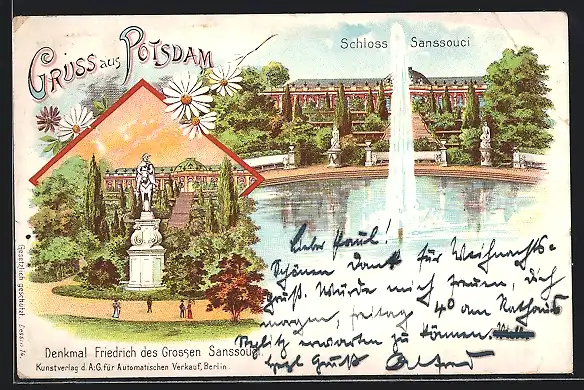 Lithographie Potsdam, Schloss Sanssouci, Denkmal Friedrich des Grossen