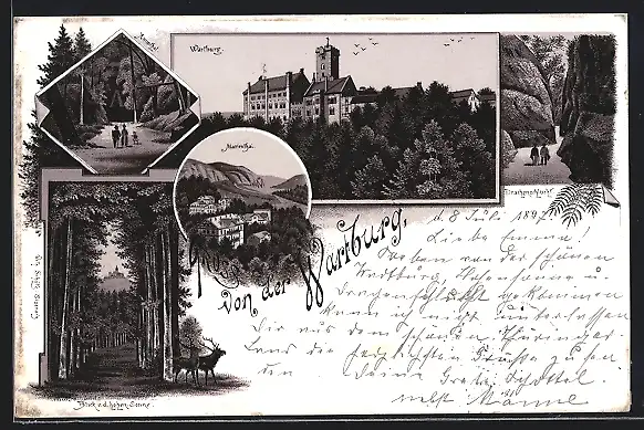 Lithographie Blick auf die Wartburg, Marienthal aus der Vogelschau, Drachenschlucht