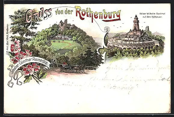 Lithographie Kyffhäuser, Kaiser Wilhelm-Denkmal auf dem Kyffhäuser, Rothenburg